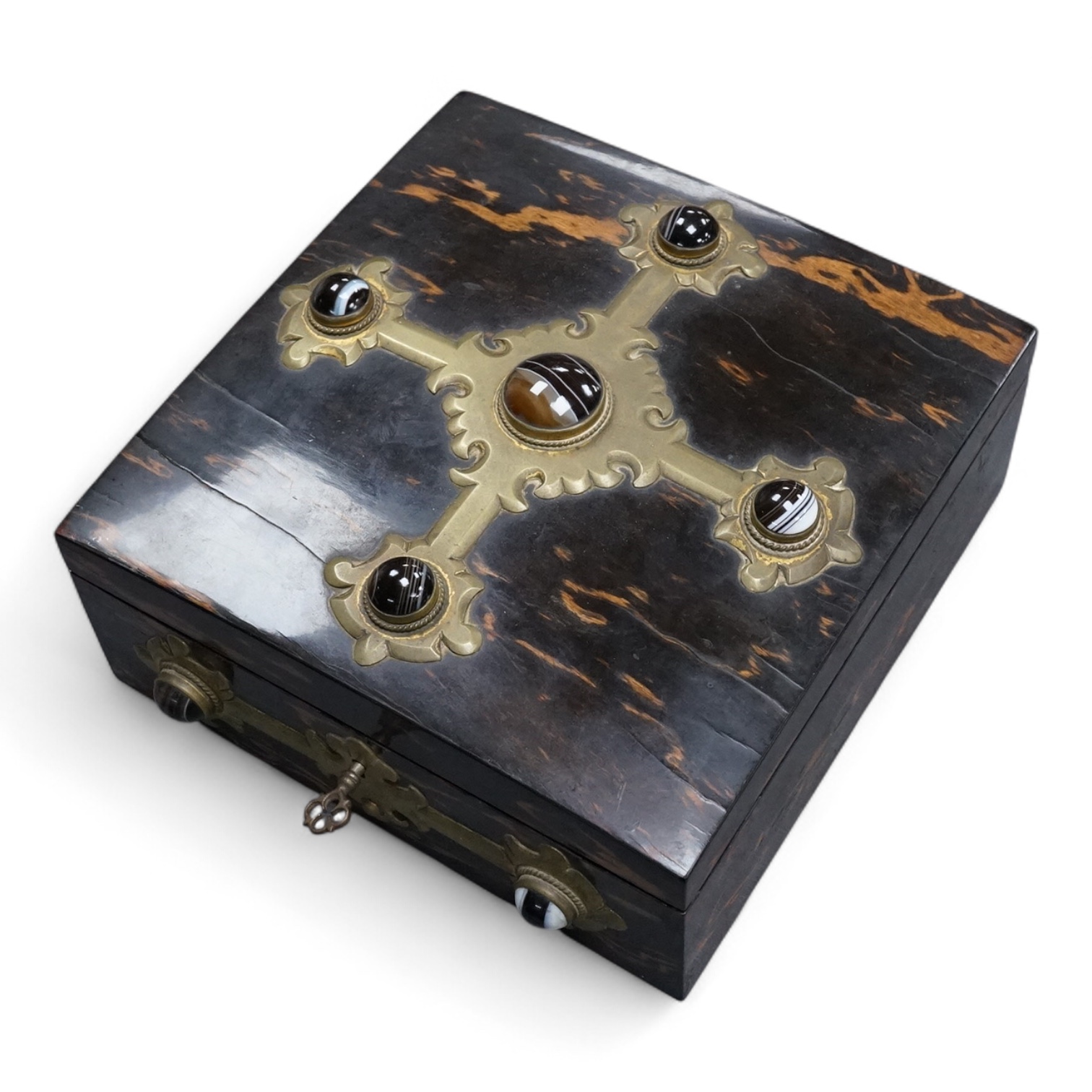 A Victorian Coromandel, brass and agate mounted games compendium, containing bezique and whist markers bone counters and inset ivory indicators, box 19cm x 19cm CITES Submission reference 3DY474P3